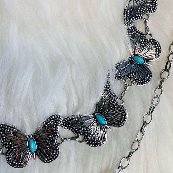 Womens Butterfly Waist Belt Metal Chain Body Jewelry Accessory Silver Turquoise - Picture 2 of 3